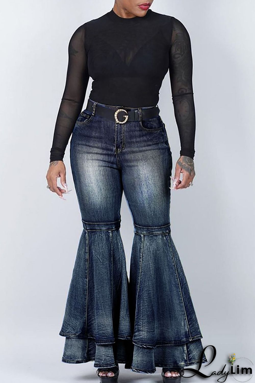 Black Street Solid Patchwork Plus Size Jeans