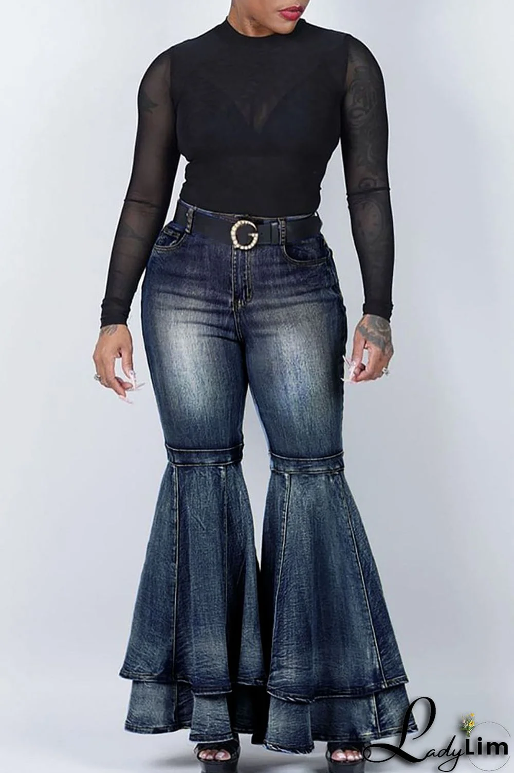 Black Street Solid Patchwork Plus Size Jeans