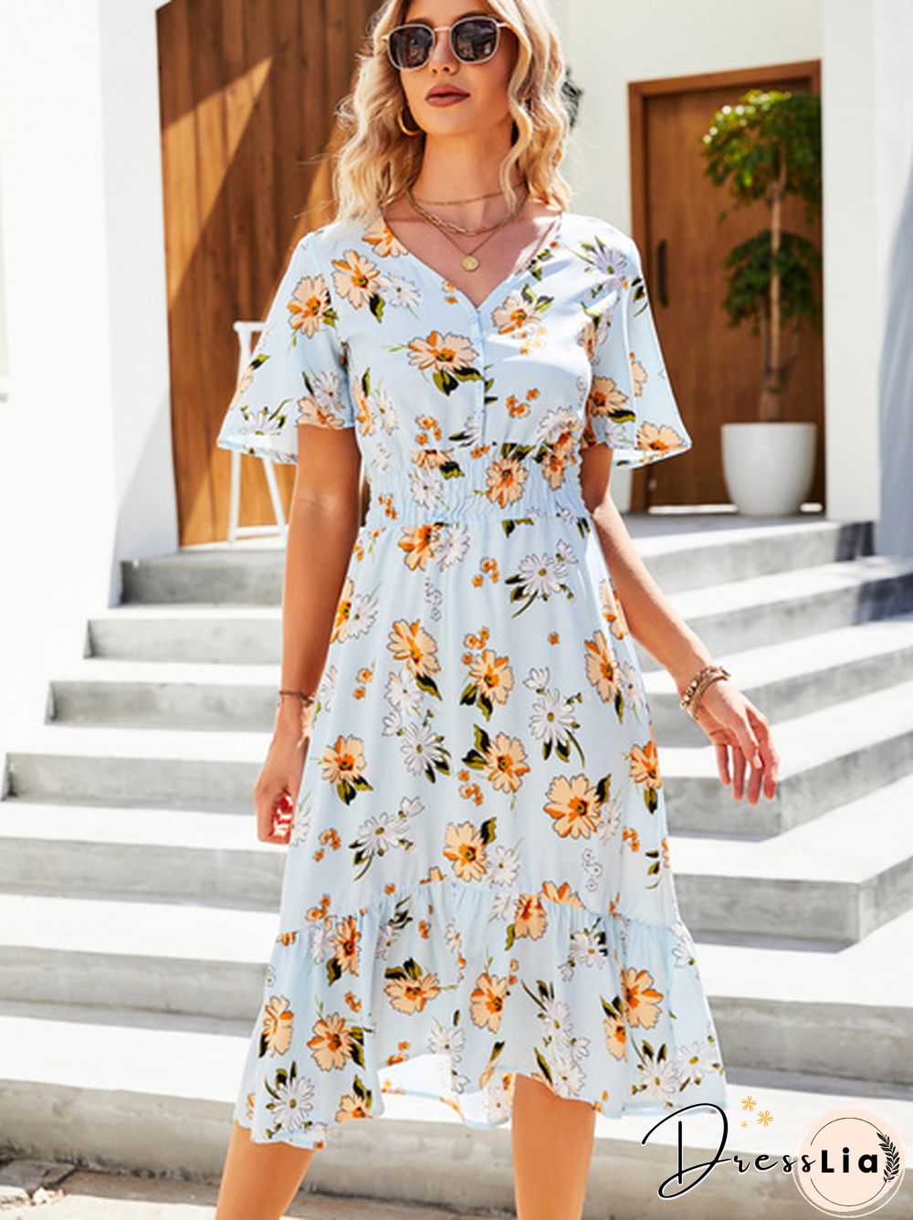 Disty Floral Smocked Elastic Waist Ruffle Hem Dress