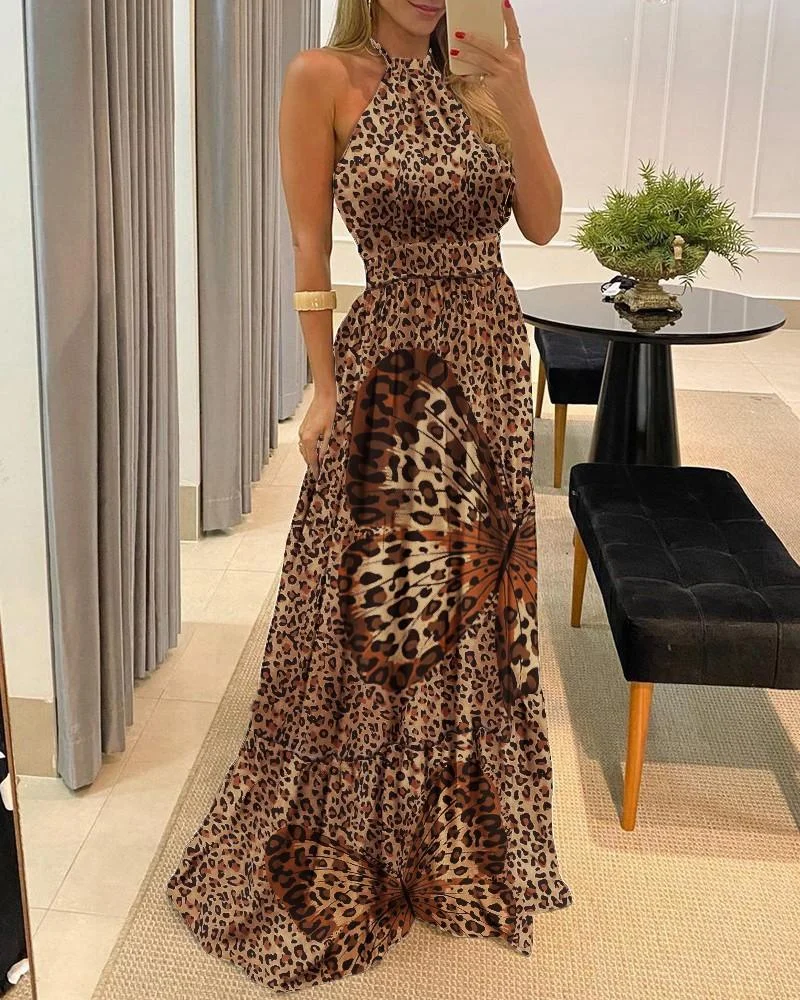 Zachics Butterfly leopard print halter summer holiday dress-zachics