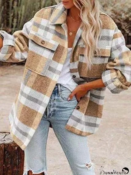 Coats Woolen Plaid Button Long Sleeve Shirt Coat for Women