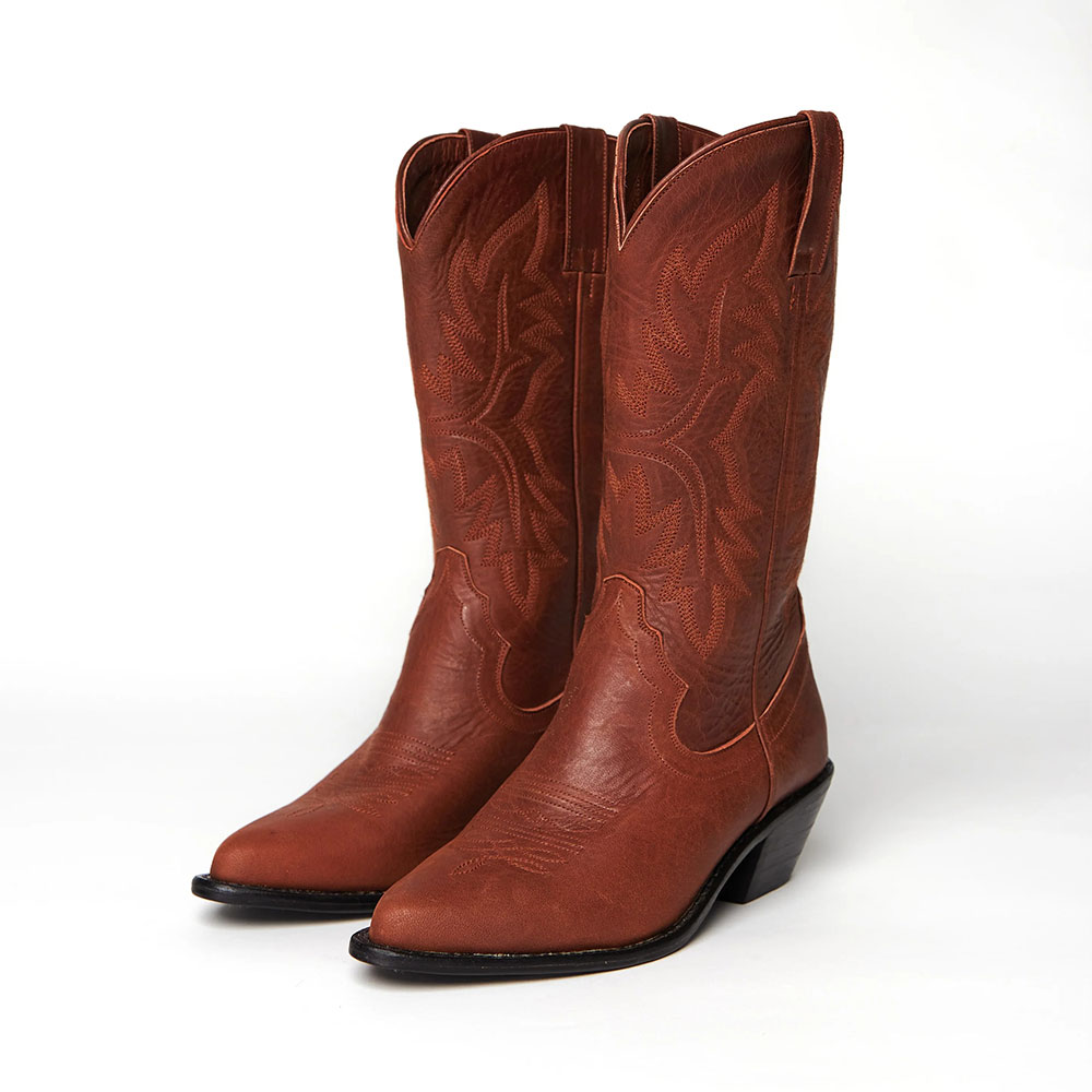 Embroidered Pointed Toe Block Heel Mid Calf Brown Western Boots Nicepairs
