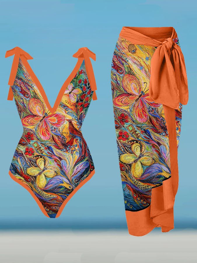 V-Neck Colorful Floral Art Print One-Piece Swimsuit Set