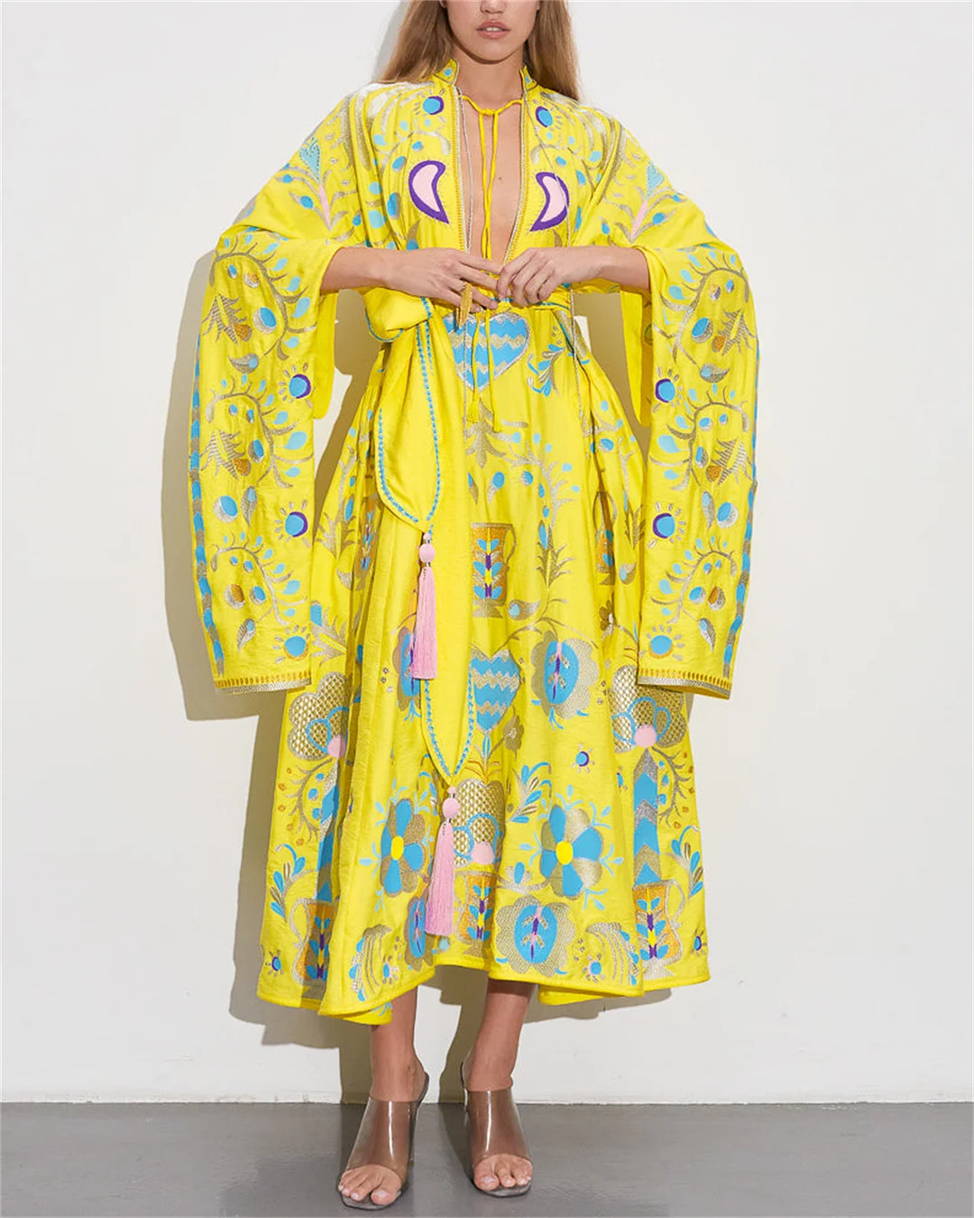 Women's Yellow V-neck Embroidered Dress