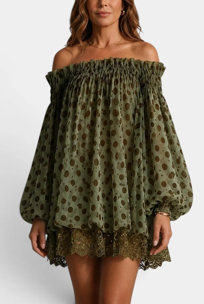 Off-Shoulder Polka Dot Dress with Puff Sleeves