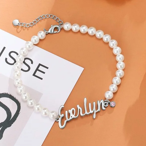 Bracelet Perle Gourmettre Prénom Personnalisé avec pierre de naissance