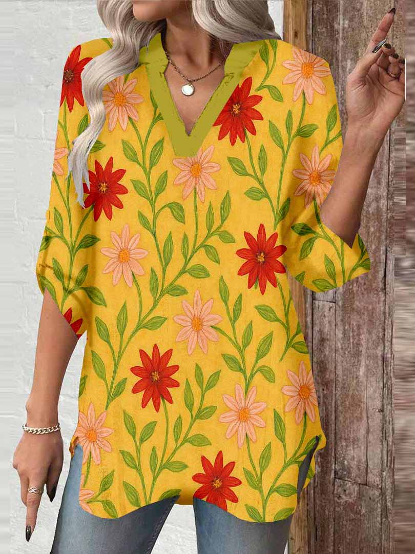 Women Floral, Orange, Red DZGA0216 3/4 Sleeve V-neck Printed Graphic Button Tops