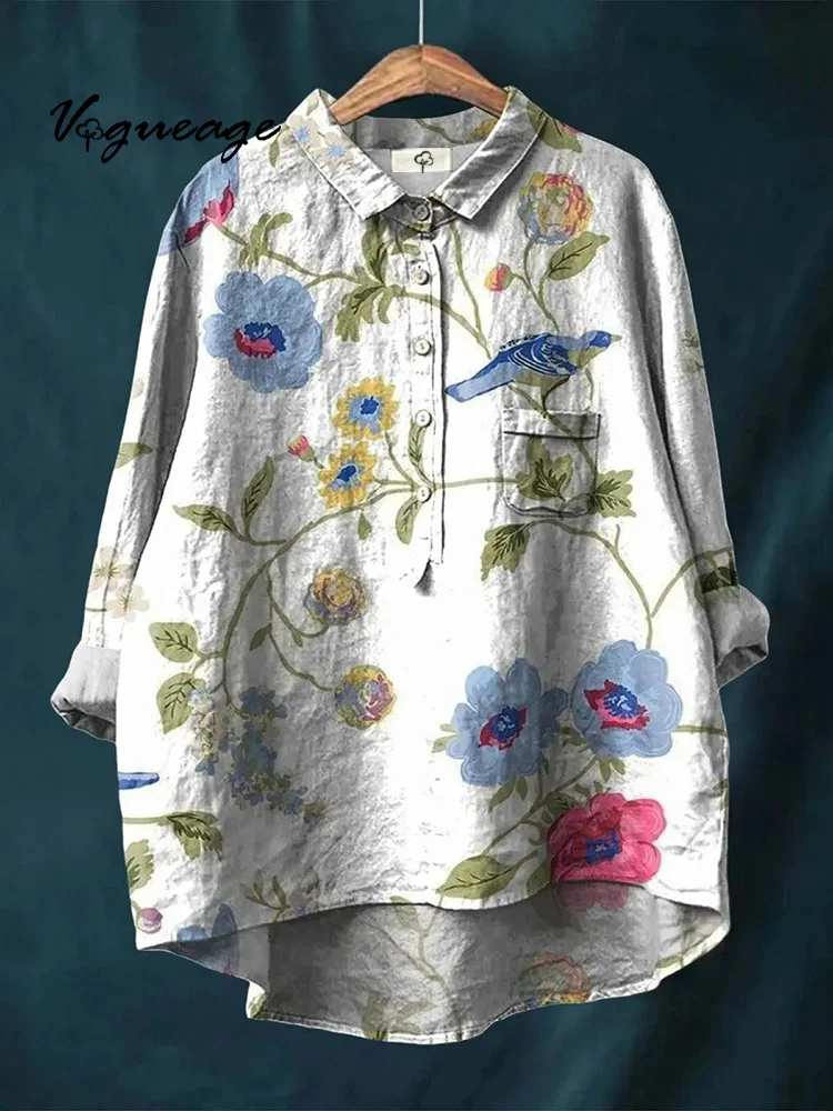 Simple And Plain Fashion Plants Flowers And Birds Print Cotton And Linen Shirt