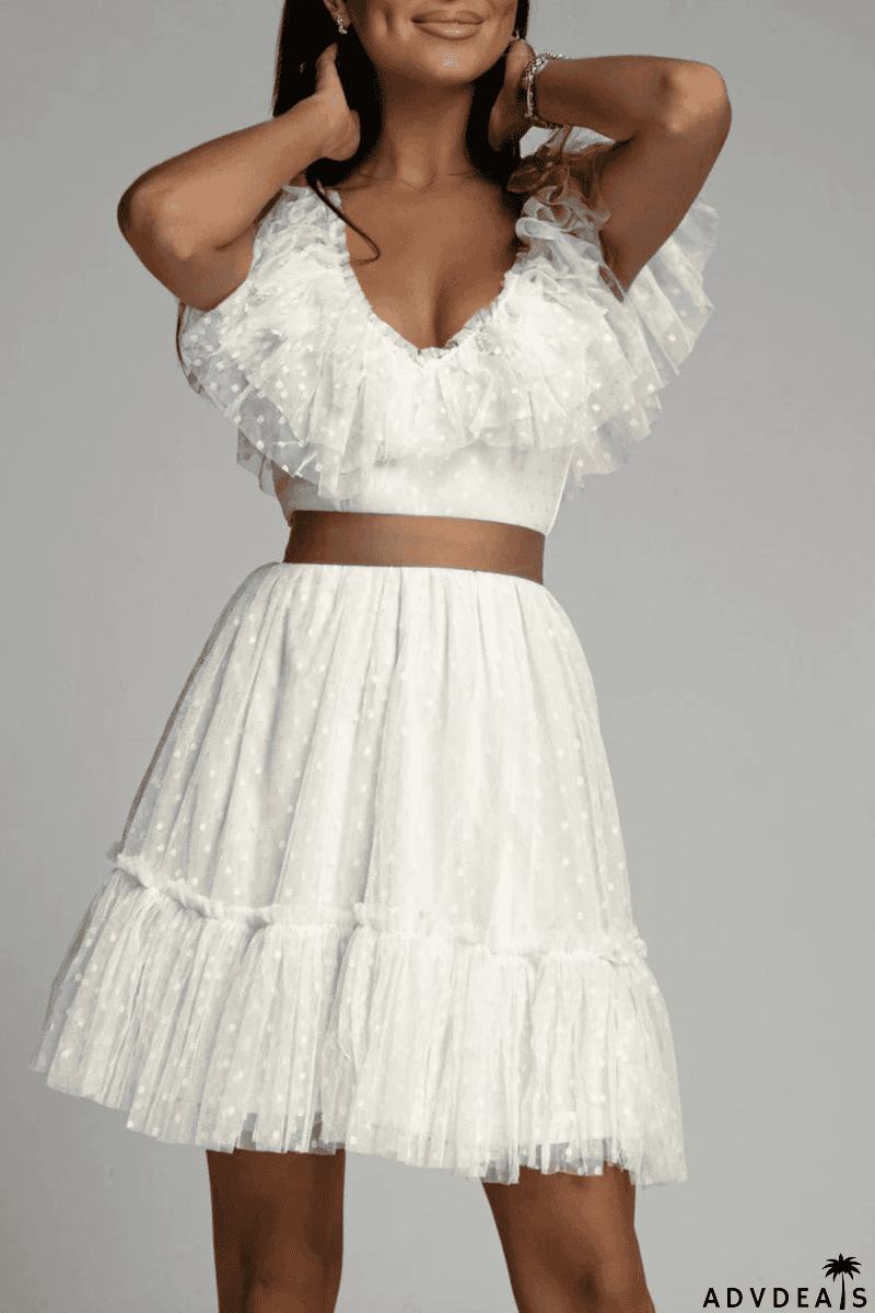 Dot Mesh V Neck Cake Skirt Dresses