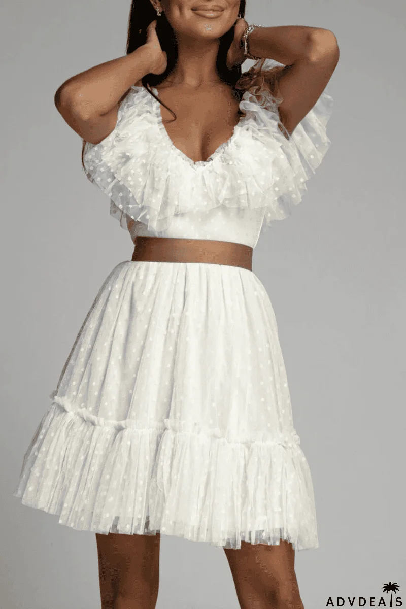 Dot Mesh V Neck Cake Skirt Dresses