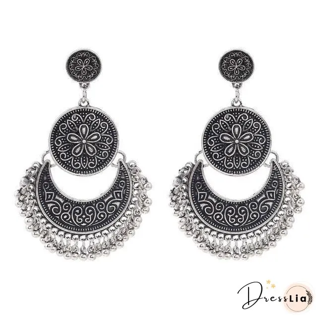 3 Colors Bohemian Indian Antique Moon Shape Carved Flower Tassels Earrings