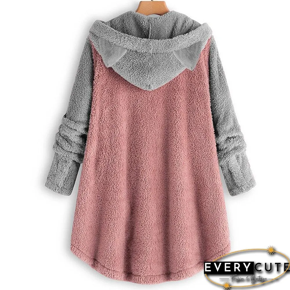 Autumn And Winter Button Hooded Cat Ears Plush Top Irregular Color Matching Coat Women
