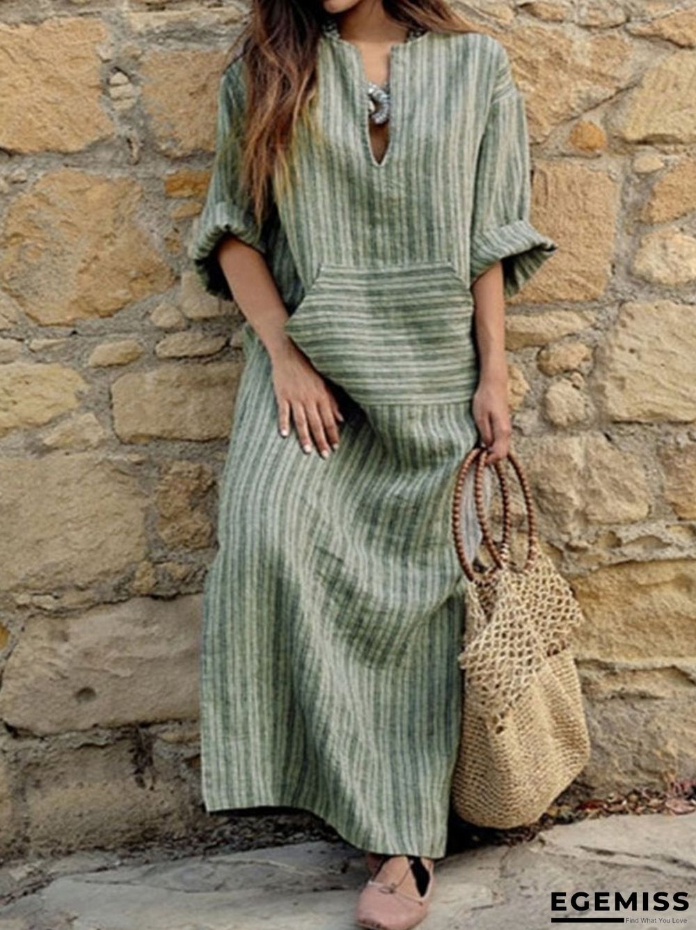 Cotton Pocket Yarn-dyed Loose Long Dress | EGEMISS