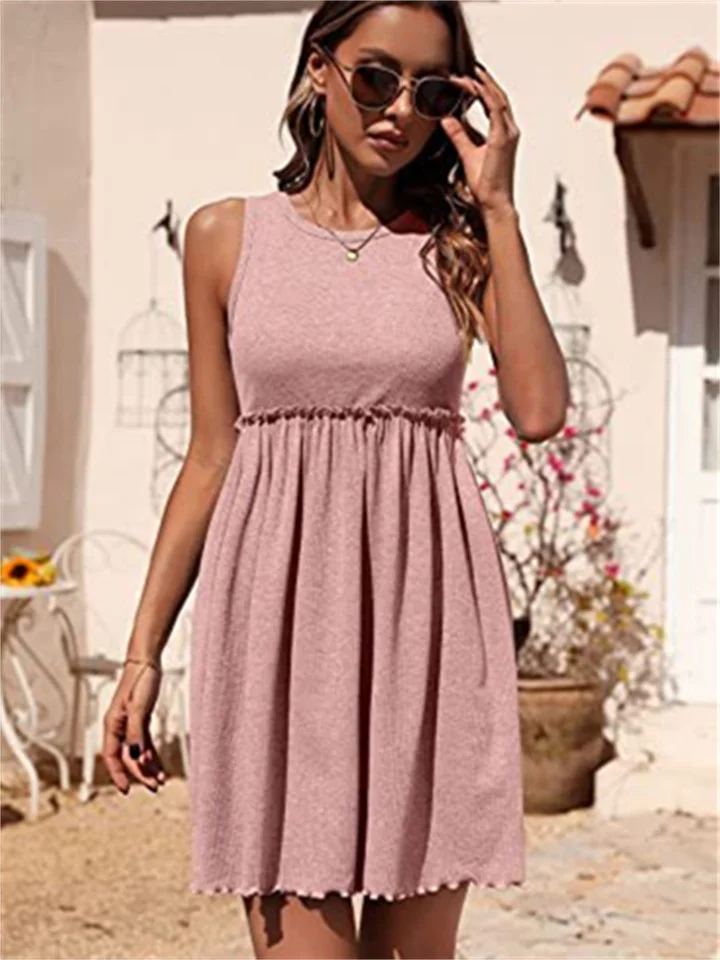 Solid Color Round Neck Rib Knit High Waist Pleated Vest Dress