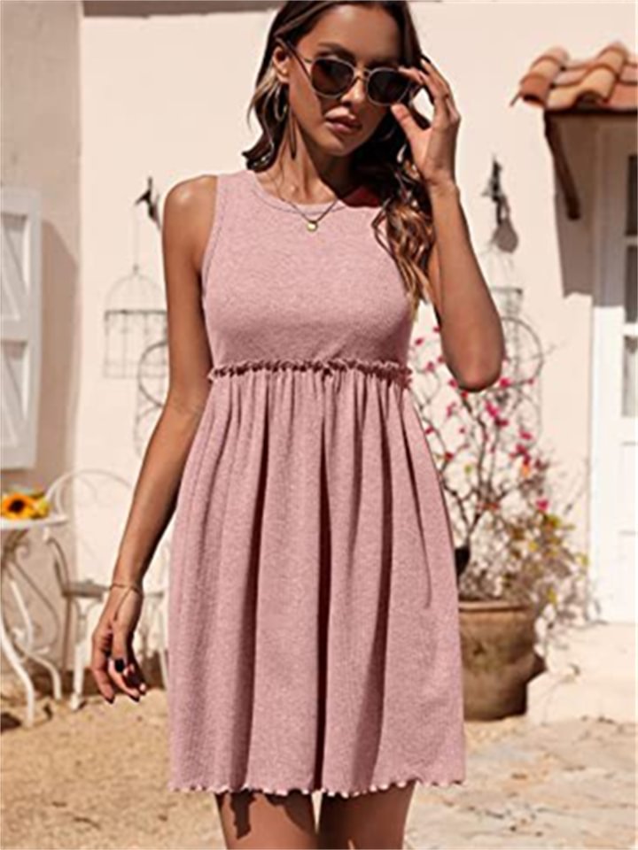Solid Color Round Neck Rib Knit High Waist Pleated Vest Dress-Hoverseek