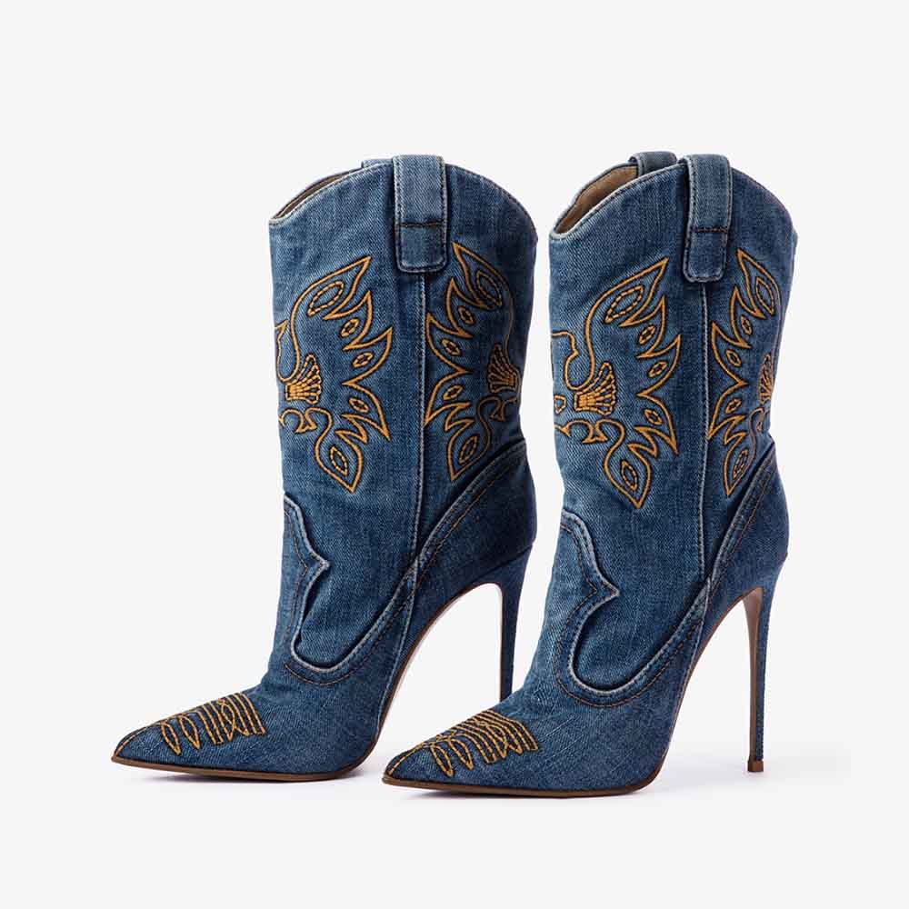Denim Pointed Toe Stiletto Heel Embroidered Cowgirl Boots in Blue Nicepairs