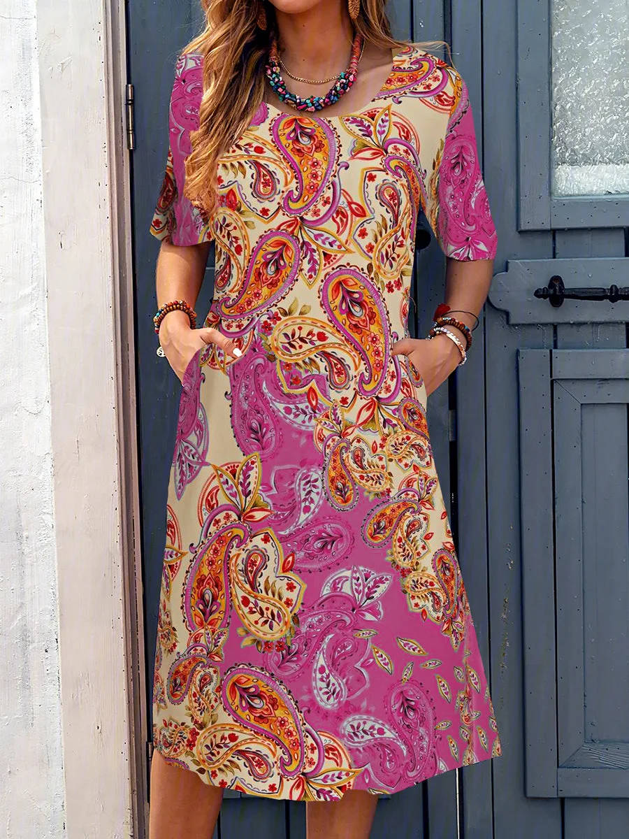 Women Casual Short Sleeve Scoop Neck Floral Printed Midi Dress