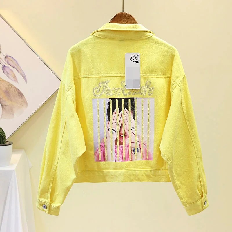 2021 Short Denim Jacket Women Spring Autumn Cotton Student Jeans Outwear Diamond Loose Casual Top Pink Yellow White Coat KW1015