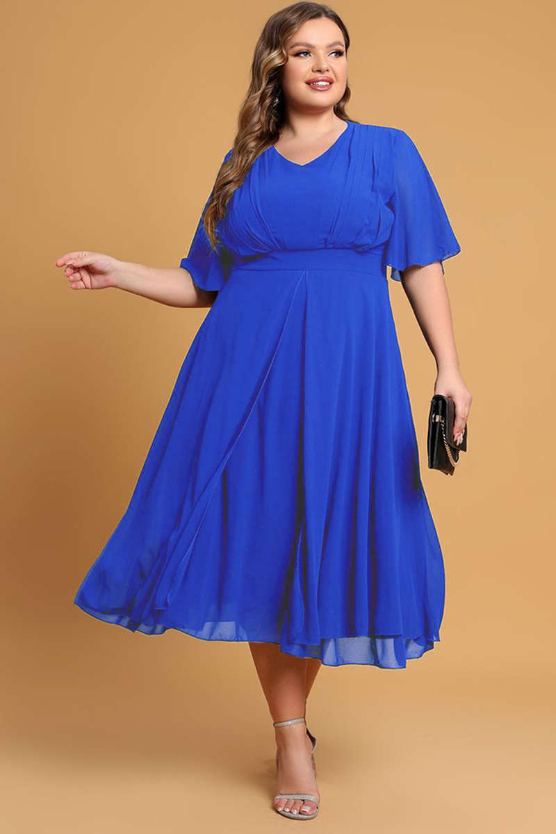 Flycurvy Plus Size Mother Of The Bride Royal Blue V Neck Layered Hem Tunic Tea-Length Dress 2024 - Flycurvy 