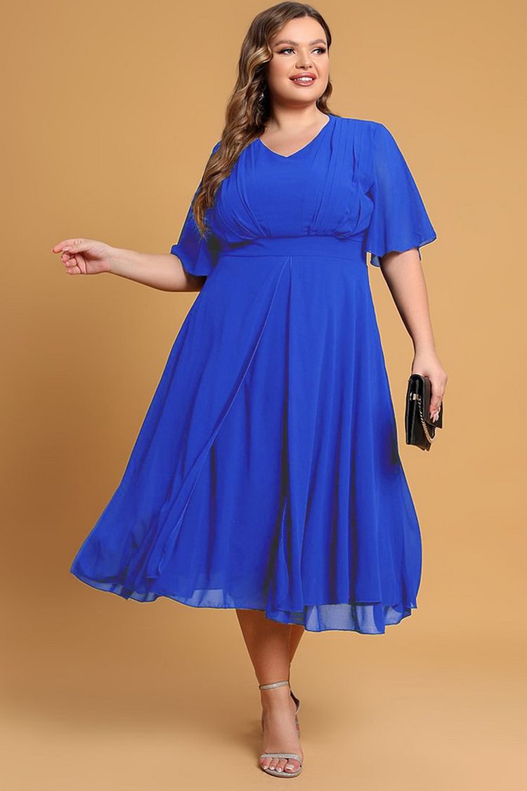 Flycurvy Plus Size Mother Of The Bride Royal Blue V Neck Layered Hem Tunic Tea-Length Dress  Flycurvy [product_label]
