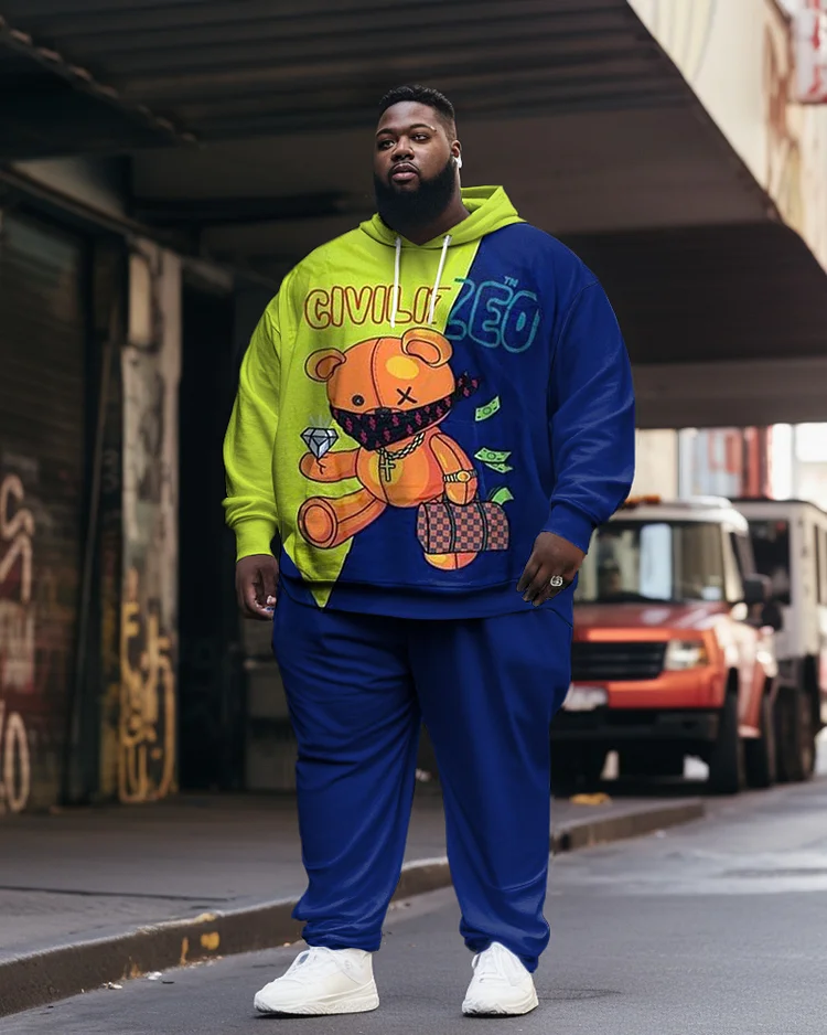 Men's Plus Size Casual Hip Hop Bear Diamond Long Sleeve Hoodie Set