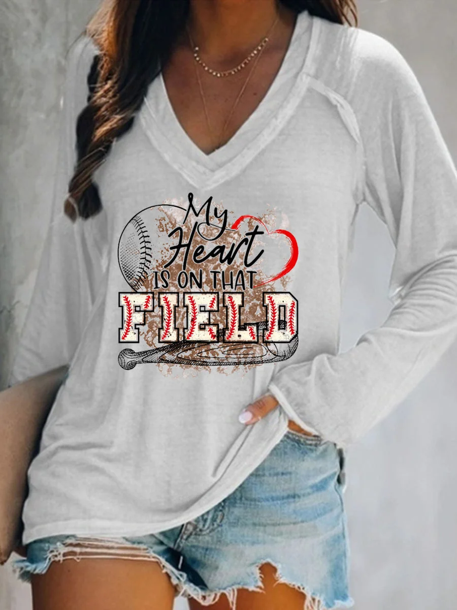 My Heart Is on That Field Baseball V-Neck Long Sleeves T-shirt