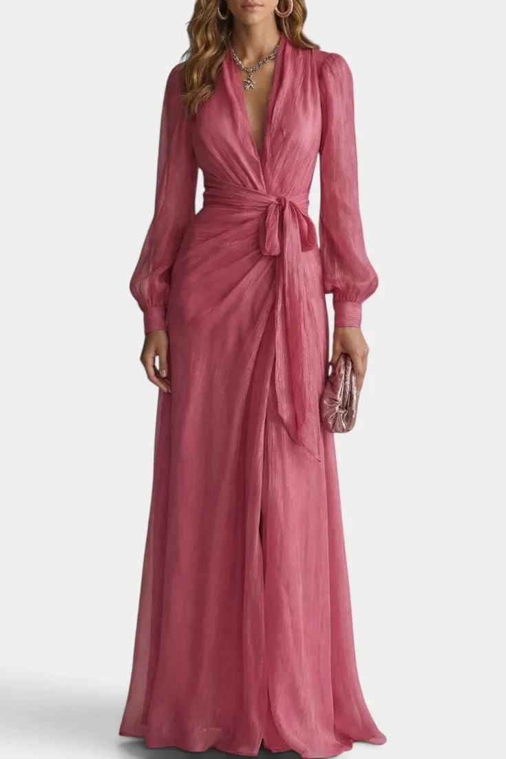 V-Neck Maxi Dress with Tie Waist and Long Sleeves