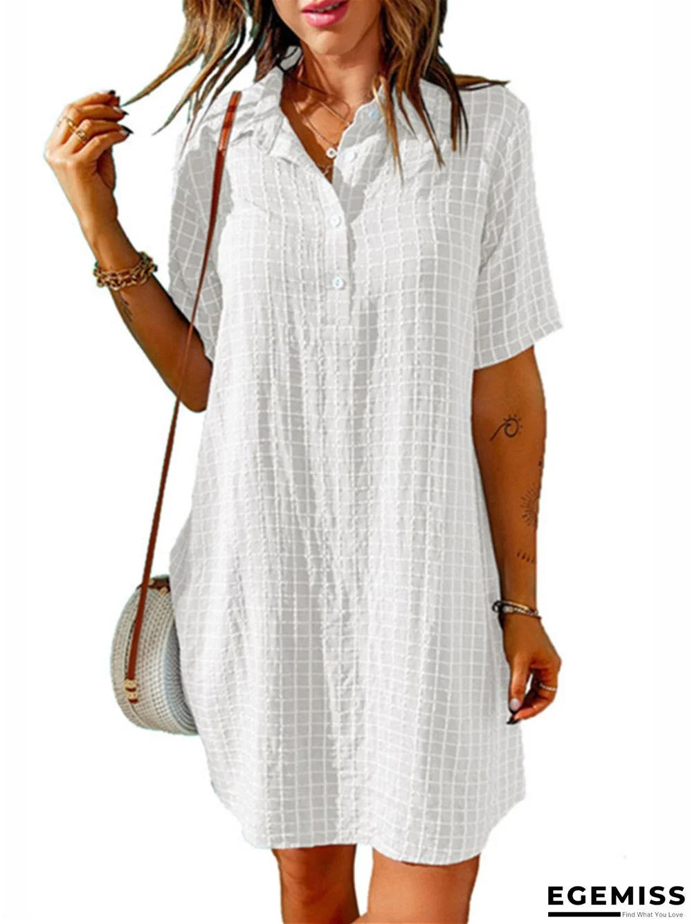 Women's Casual Shirt Short Skirt Lapel Plaid Loose Short Sleeve Dress White Dress | EGEMISS