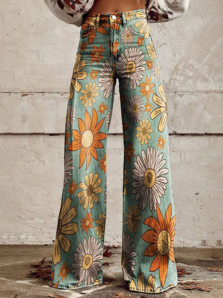 Comstylish Vintage Floral Daisy Print Casual Wide Leg Jeans