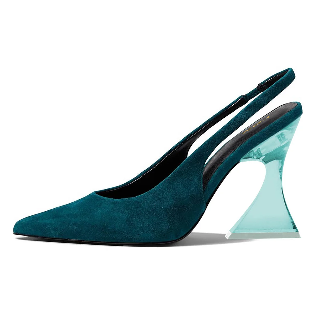 Classic Dark Teal Vegan Suede Pointed Toe Slingback Heels