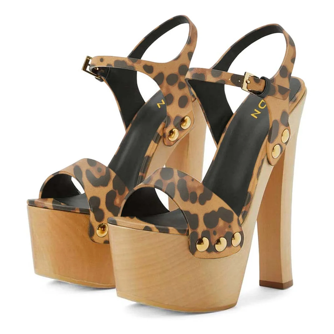 Leopard Print Open Toe Studded Ankle Strap Platform Heel Sandals