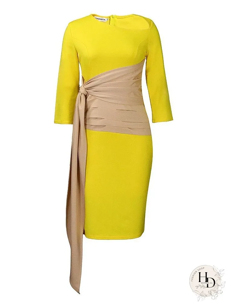 Dresses Slanted Neck Tie 3/4 Sleeve Slim Fit Dress for Women