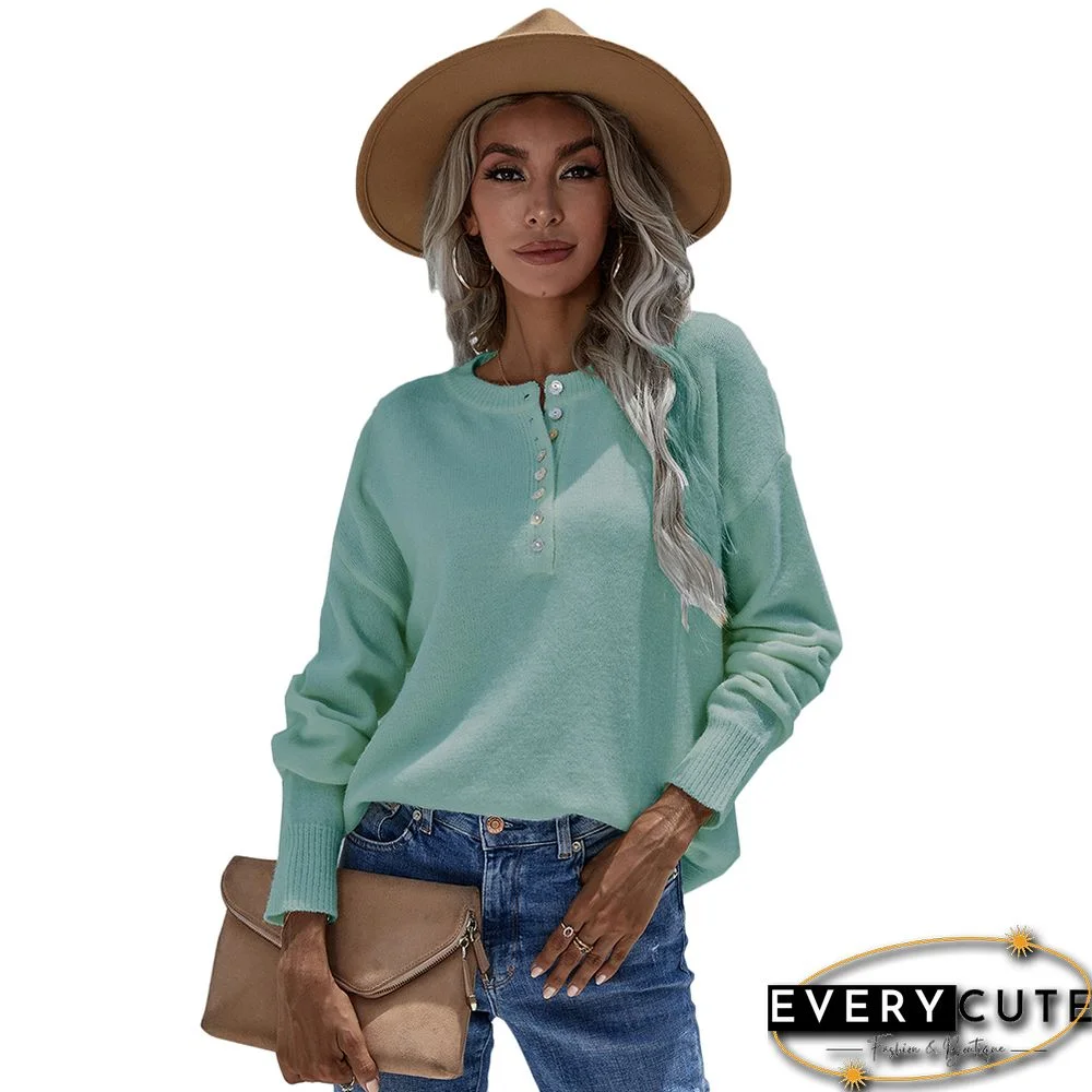 Light Green Button Neck Knitted Pullover Sweater
