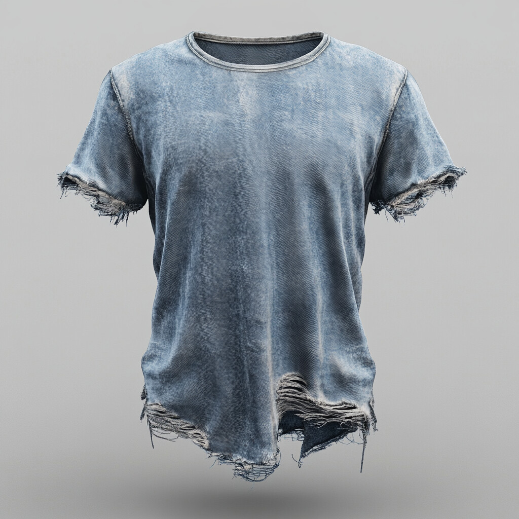Men's Denim Round Neck Short Sleeve Ripped Hem T-Shirt