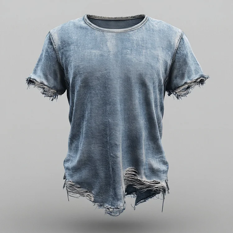 Men's Denim Round Neck Short Sleeve Ripped Hem T-Shirt