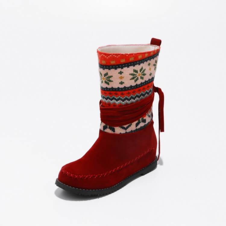 GOOSHOE Flat Suede Round Toe Ethnic Trend Calf Boots