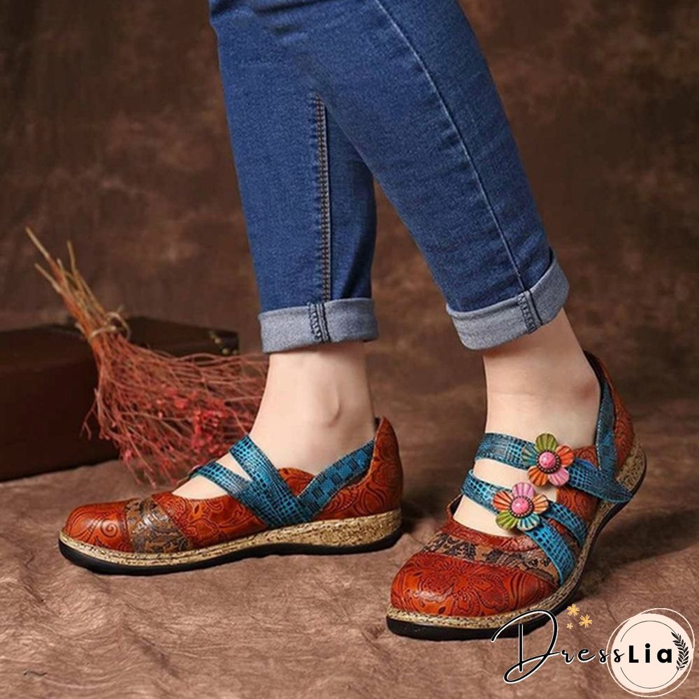 Womens Retro British Floral Leather Sandals Color Stitching Shackles Stripes 