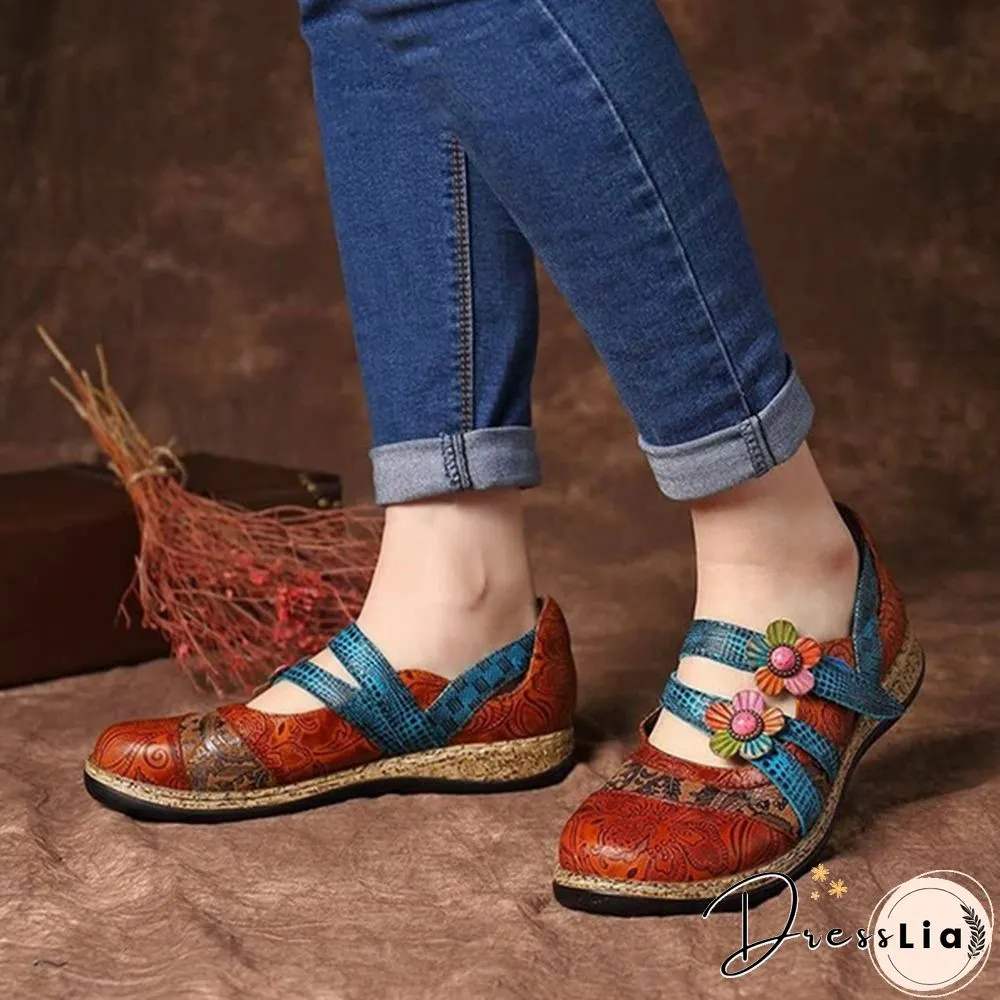 Womens Retro British Floral Leather Sandals Color Stitching Shackles Stripes 
