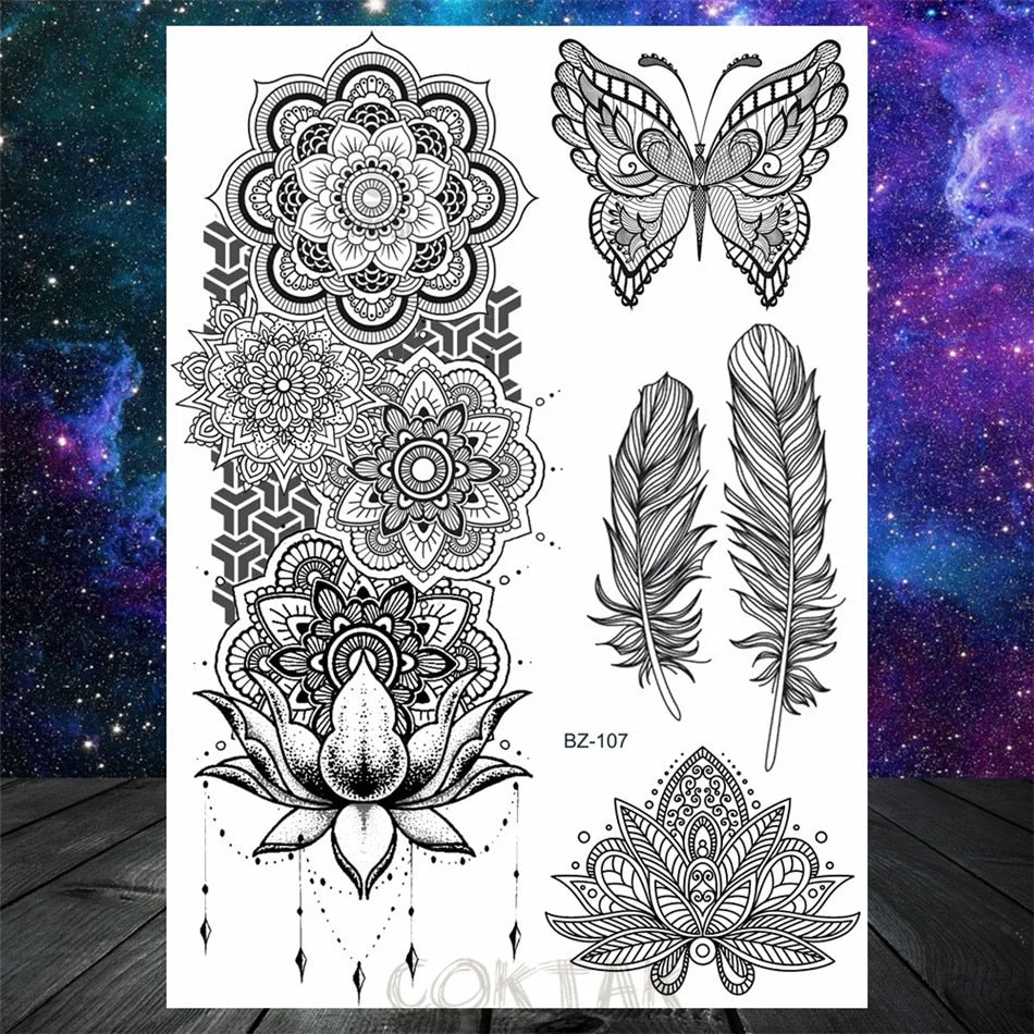 Black Dreamcatcher Temporary Tattoos Sticker For Women Fashion Body Art Back Tatoos Fake Jewelry Mandala Flower Tattoo For Party