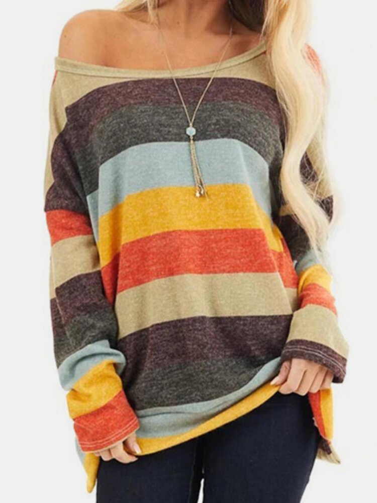 Multi color Striped Print Loose Long Sleeve T Shirt For Women P1756034