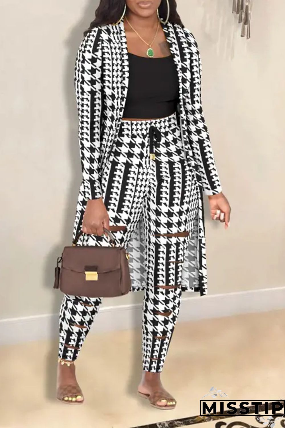 Black White Casual Print Ripped Printing Cardigan Collar Long Sleeve Two Pieces