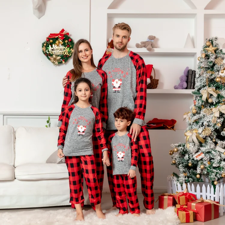 Merry Christmas Cute Santa Print Red Plaid Family Matching Pajamas Sets