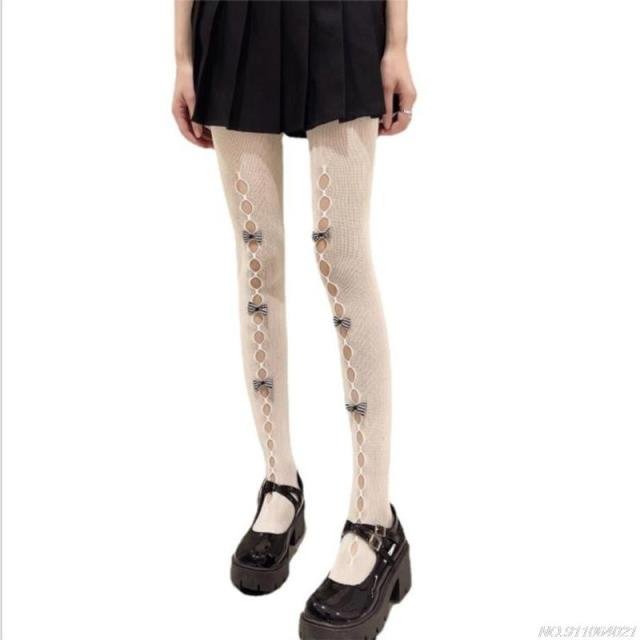 Kawaii Hollow Out Bowknot Black/White Lace Fishnet Tights BE480