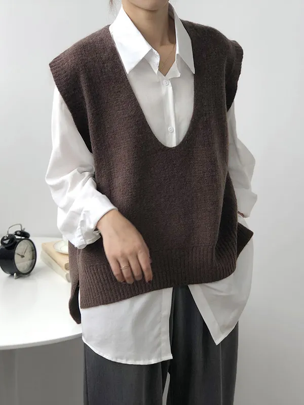 Destroyed Loose Printed Stitching Round Neck Vest