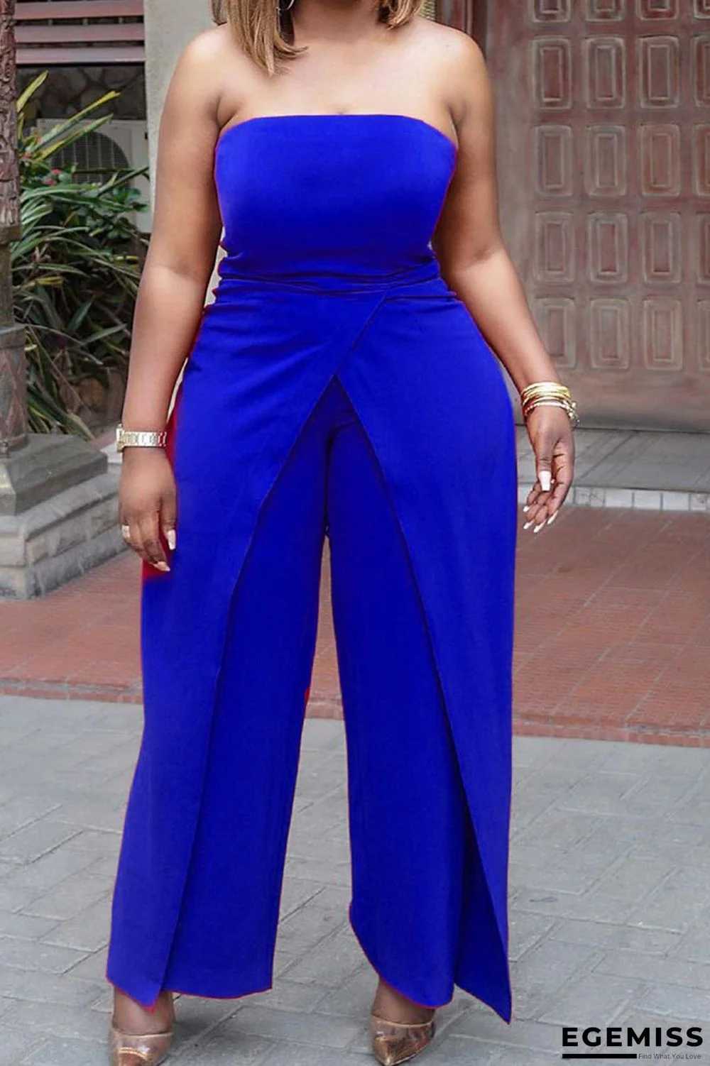 Colorful Blue Celebrities Solid Patchwork Asymmetrical Strapless Straight Jumpsuits | EGEMISS