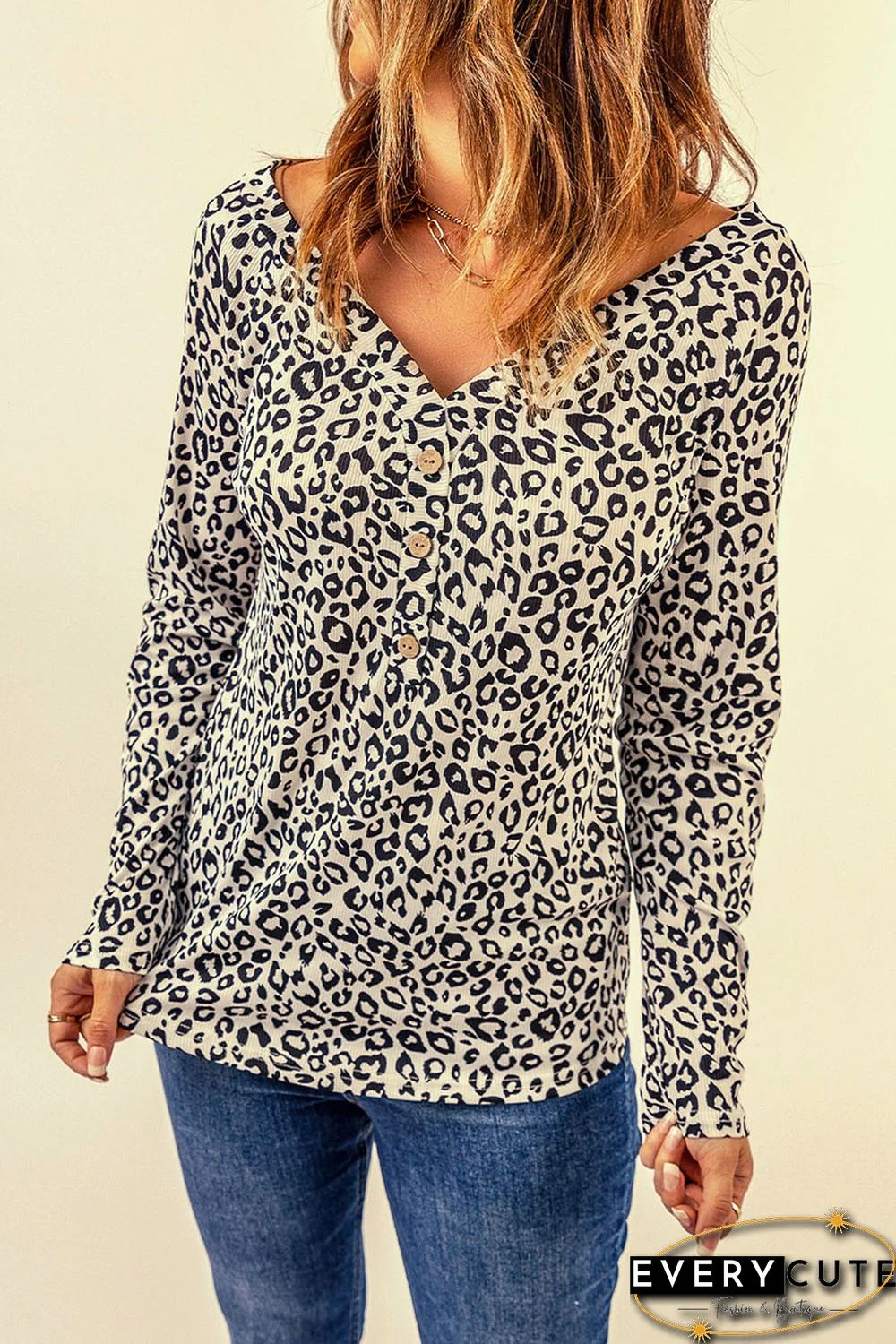 Leopard V Neck Buttons Front Leopard Long Sleeve Top