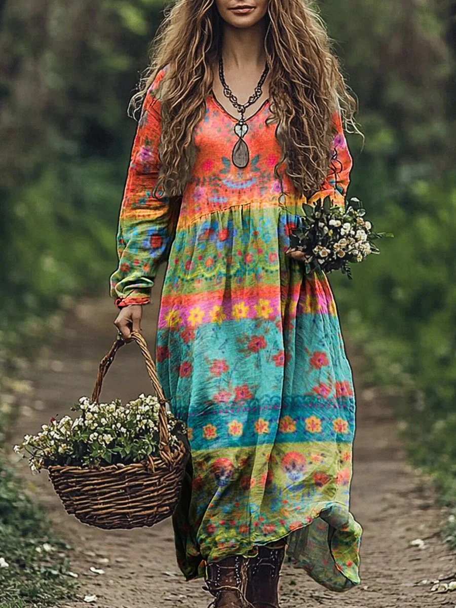 Women's Floral Patchwork Art Print V Neck Pocket Cotton Dress