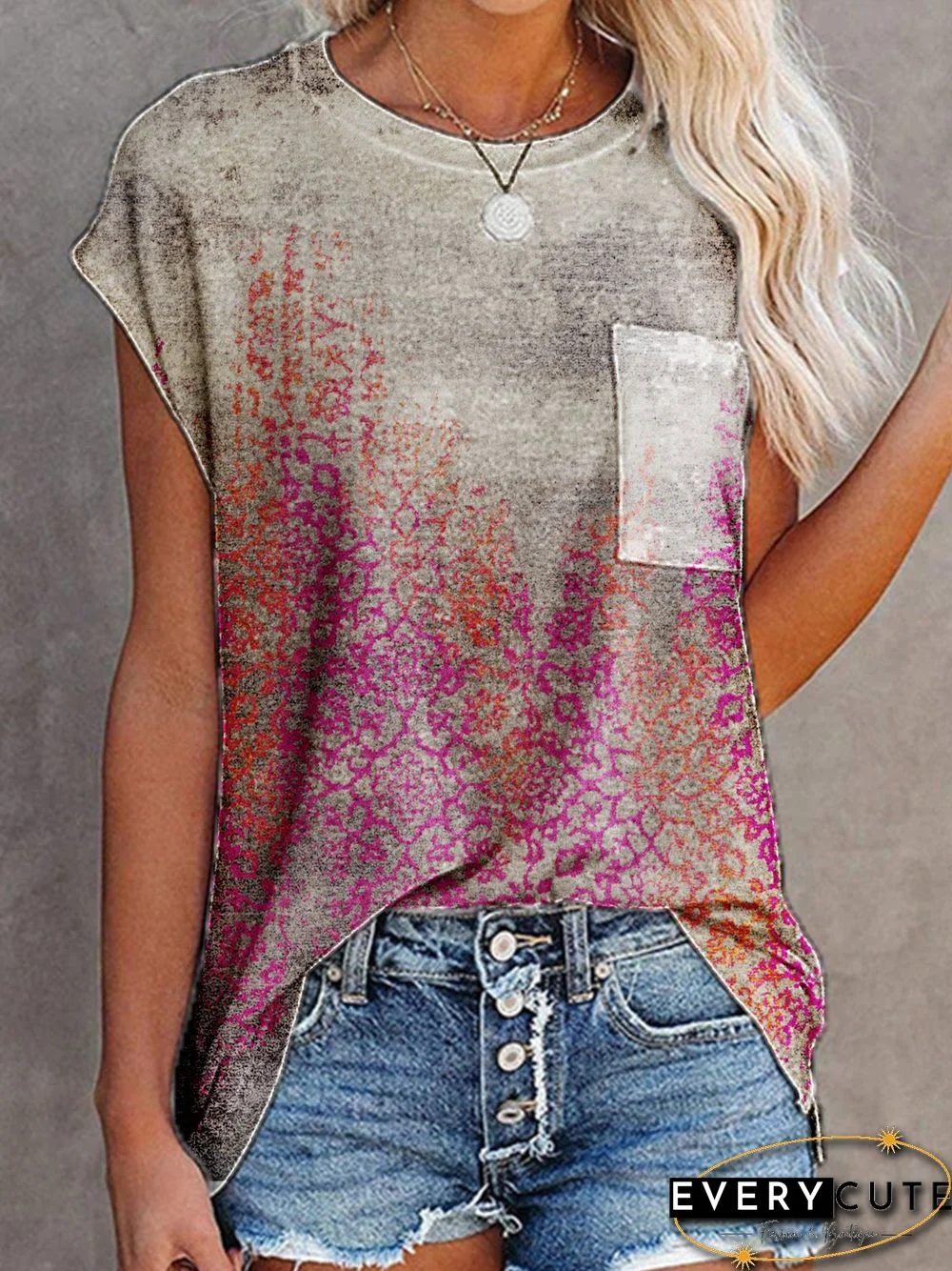 Crew Neck Casual Jacquard Cotton-Blend Tops