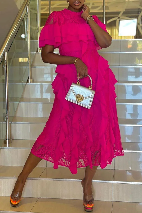 Solid Color Lace Patchwork Smart Stringy Selvedge Midi Dress