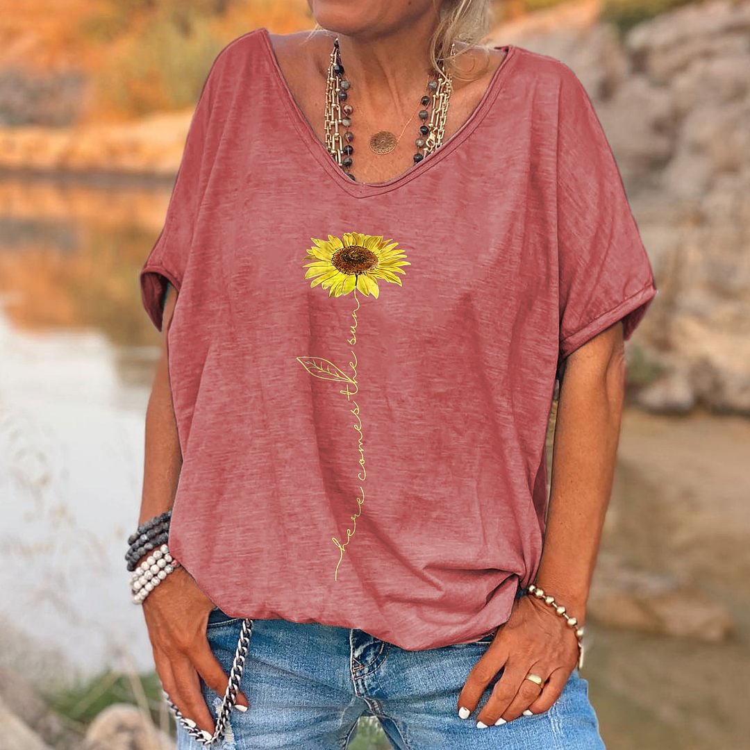Here Comes The Sun Printed Sunflower T-shirt